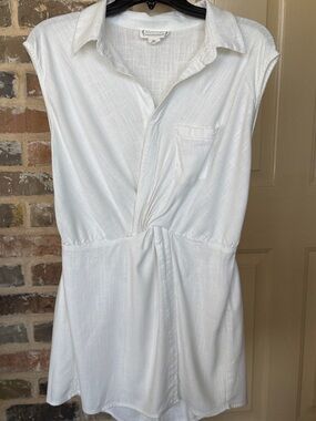 Love Riche White Linen Wrap Romper Skort Collar Elastic Waist Shorts Lining Sz M